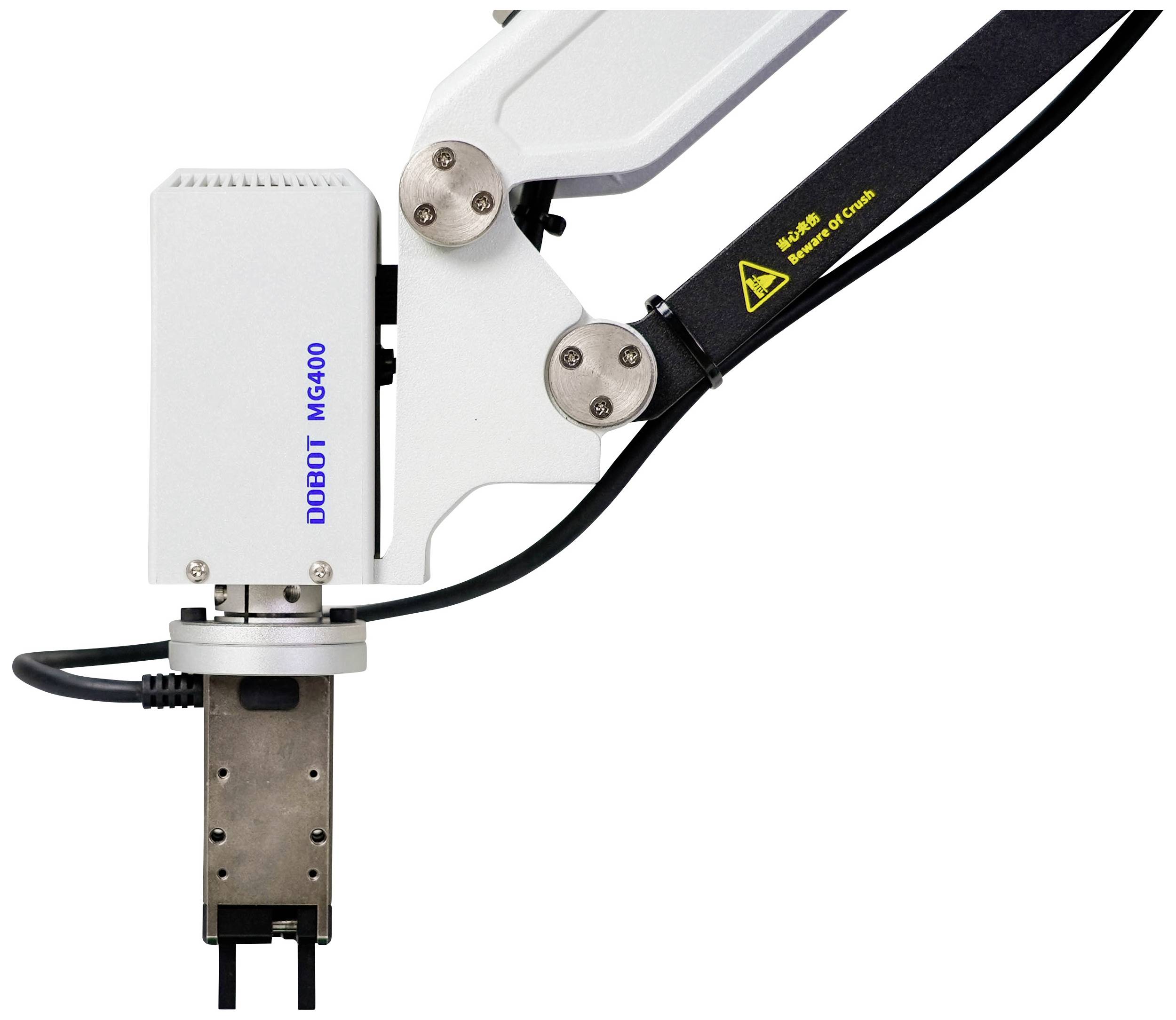 Industrieroboterarm mit Greifer, der zur präzisen Handhabung kleiner Objekte, wie in Fertigungsprozessen, eingesetzt wird.