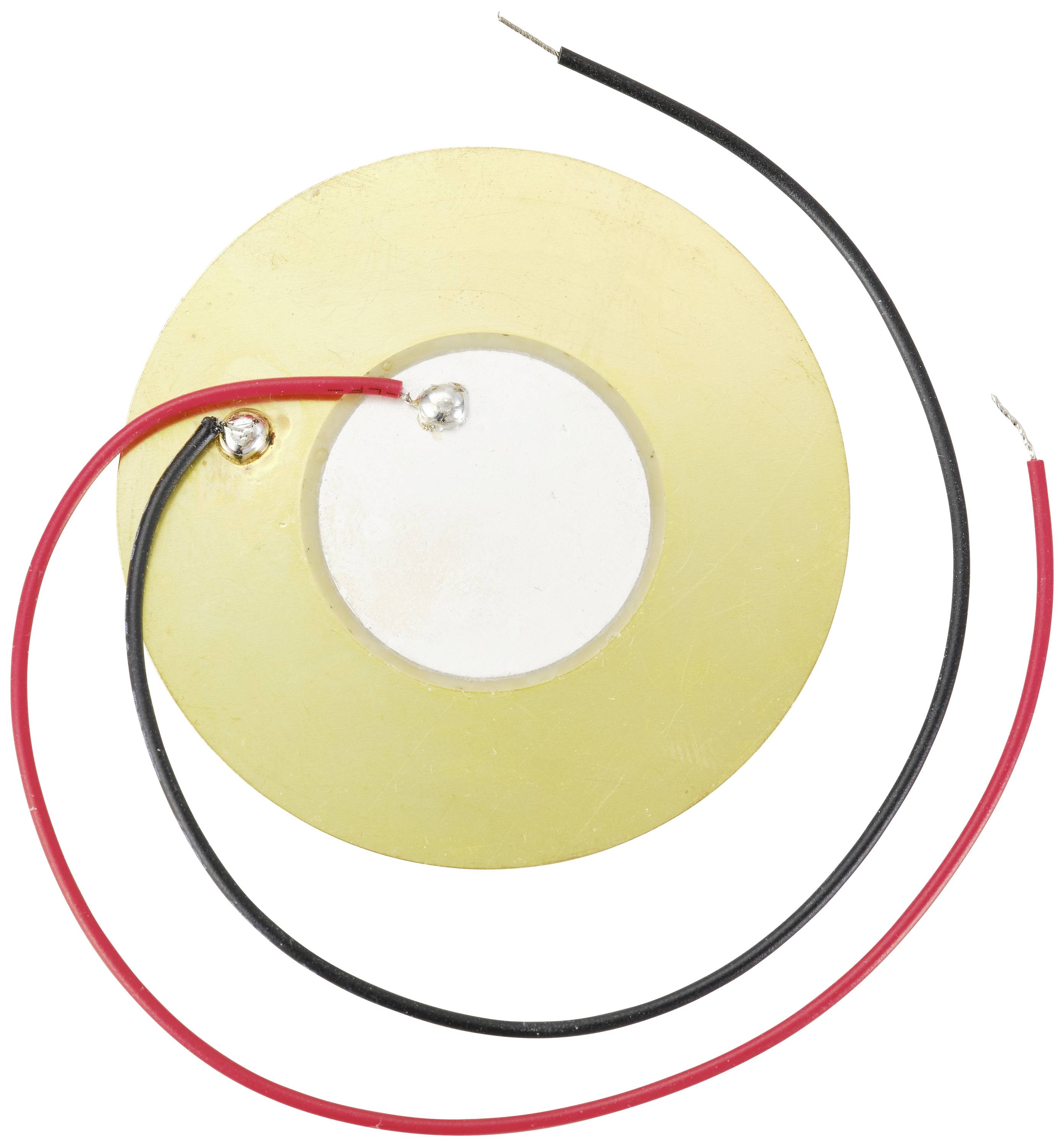 Goldfarbener Piezolautsprecher mit zwei verlöteten Drähten, einem roten und einem schwarzen, die durch den Metallring geführt sind.