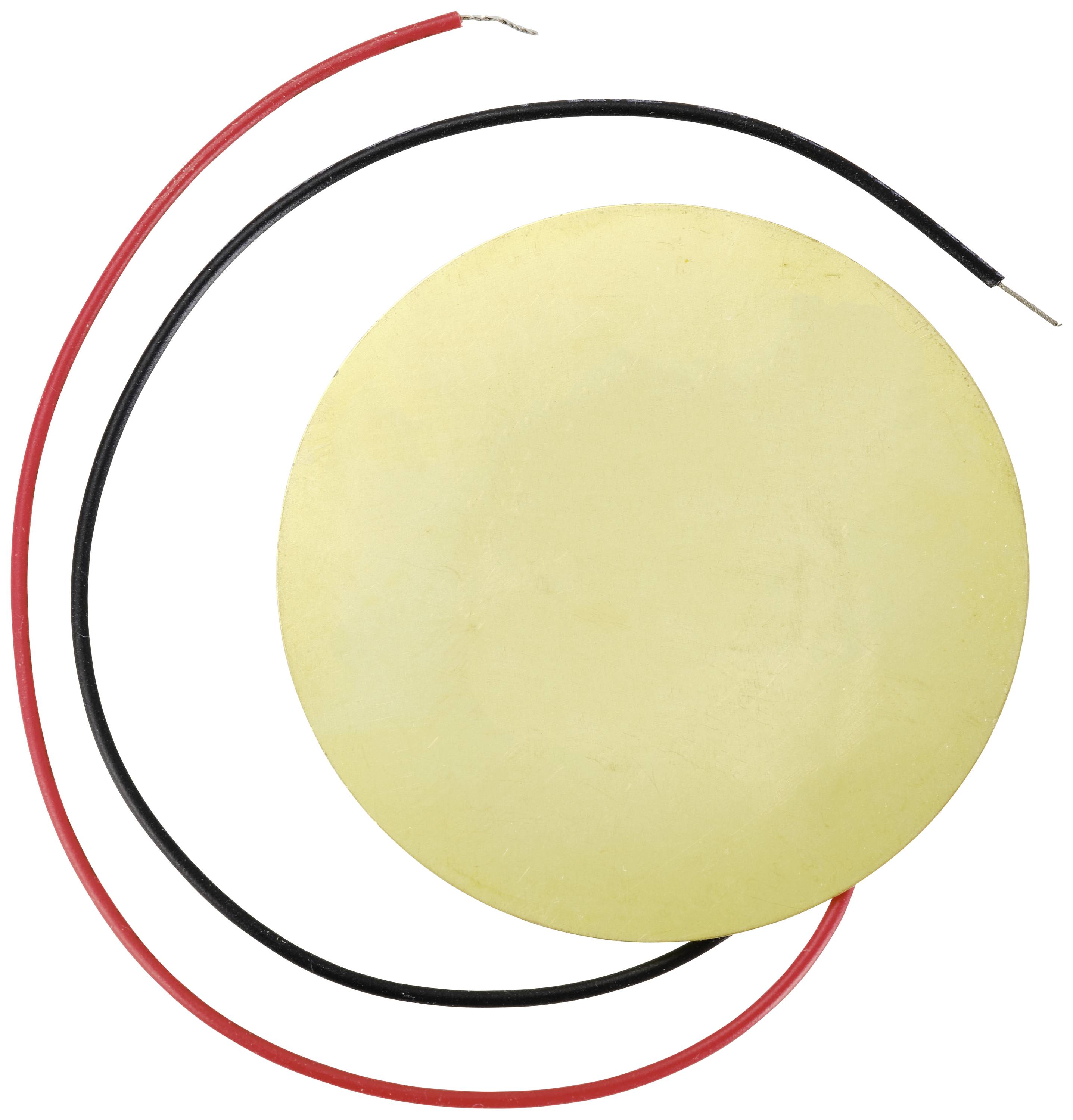 'Runder piezoelektrischer Sensor mit zwei herausragenden Kabeln, eines rot und eines schwarz. Verwendung in Vibrationssensoren.'