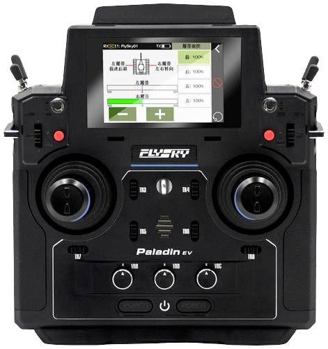 Eine schwarze Fernsteuerung mit zwei Joysticks und einem Display, das Einstellungen zeigt. Markenname 'Paladin'.