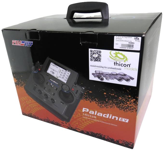 Eine schwarze und rote Verpackung mit der Aufschrift 'Paladin EV', zeigt eine Fernbedienung für Modellfahrzeuge auf der Vorderseite.