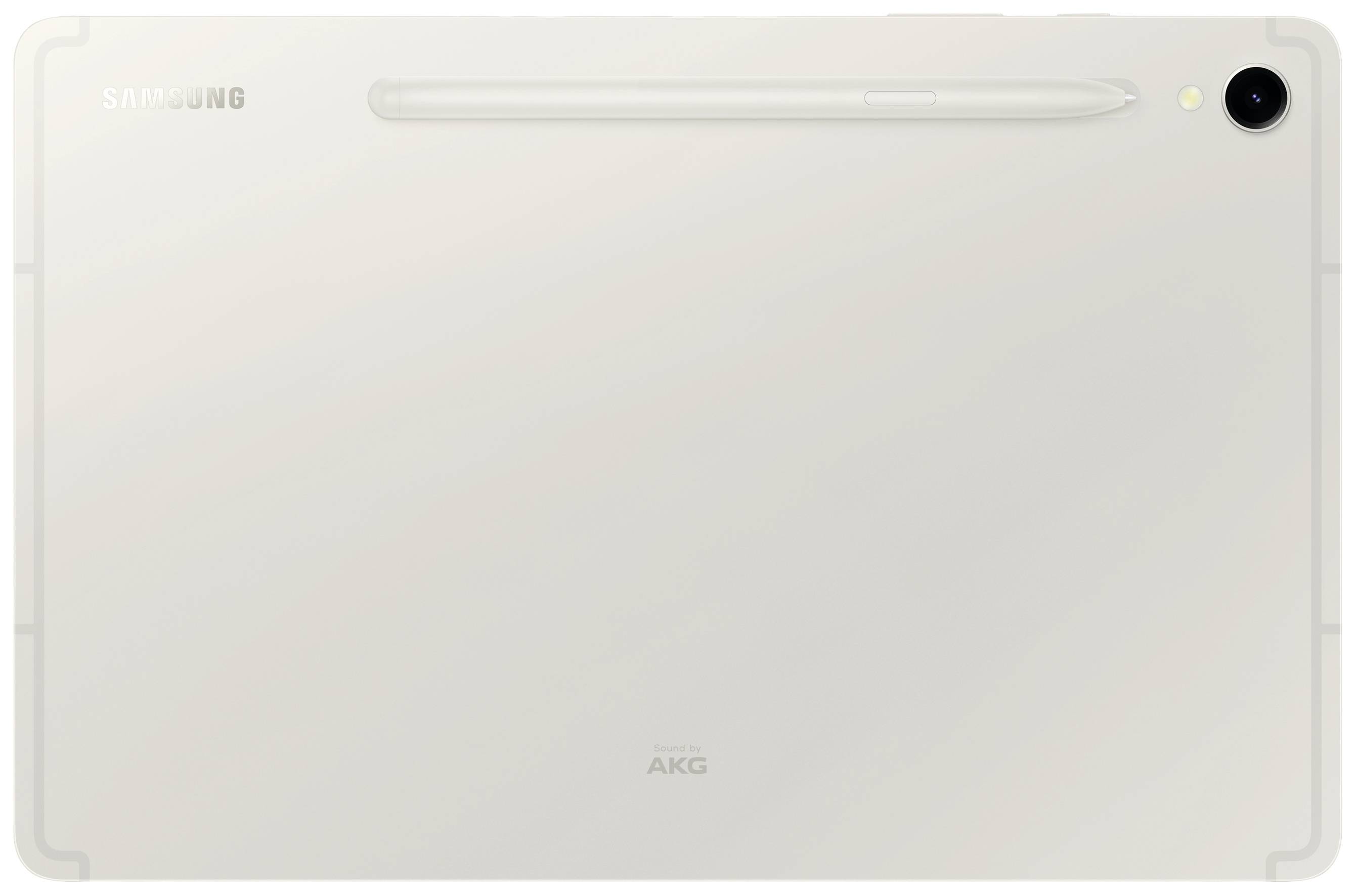 Ein weißes Samsung-Tablet mit einem Eingabestift, der oben magnetisch an der Rückseite haftet.