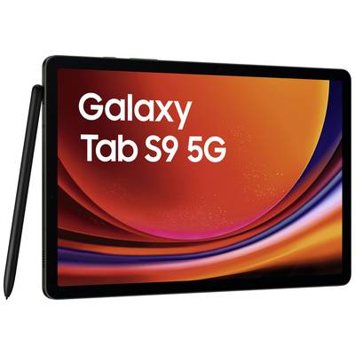 Tablet mit Stift vor rotem und orangefarbenem Hintergrund zeigt den Text 'Galaxy Tab S9 5G'.