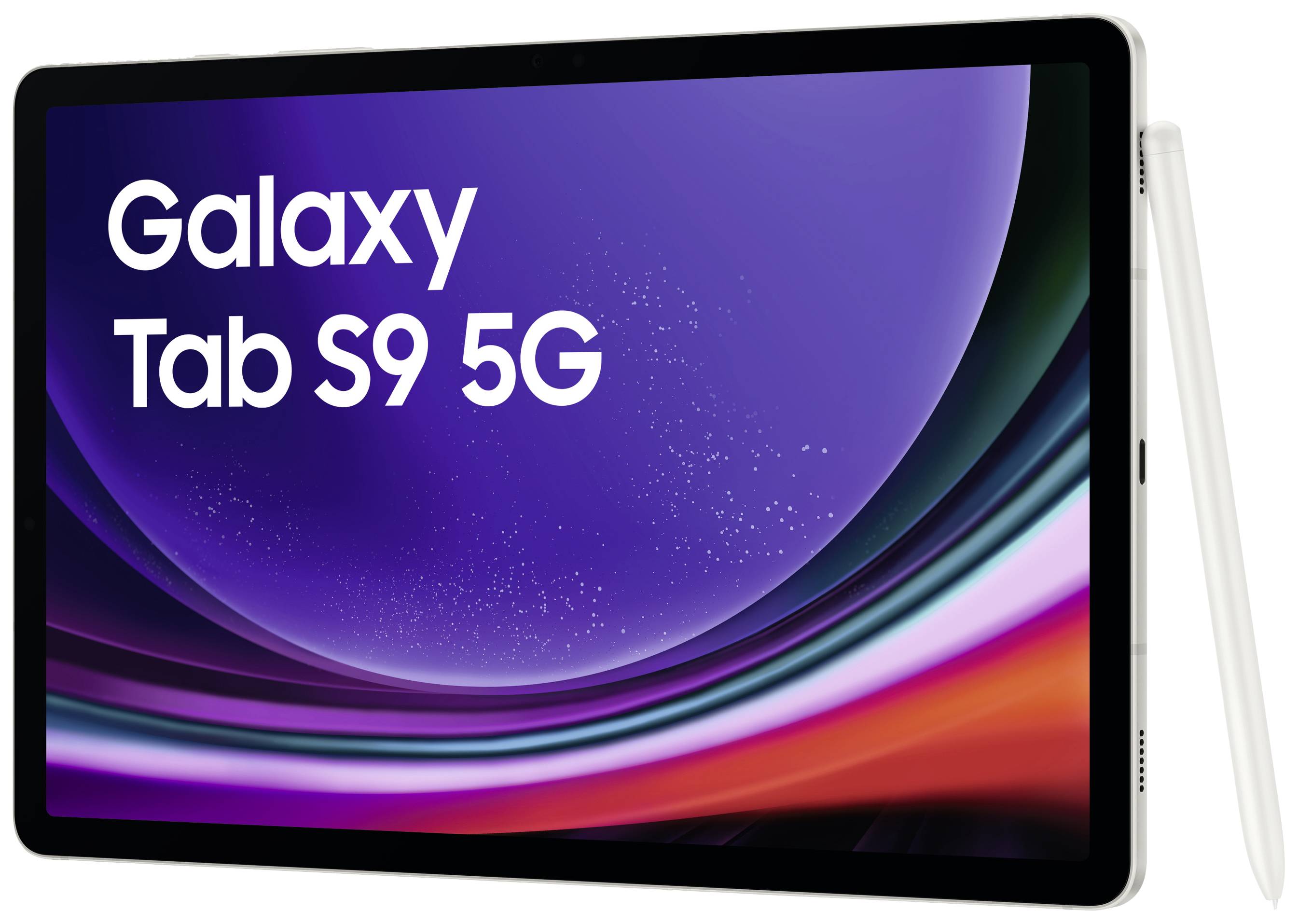 Das Bild zeigt ein Tablet mit der Aufschrift 'Galaxy Tab S9 5G'. Es hat ein farbiges, abstraktes Hintergrunddesign auf dem Bildschirm.