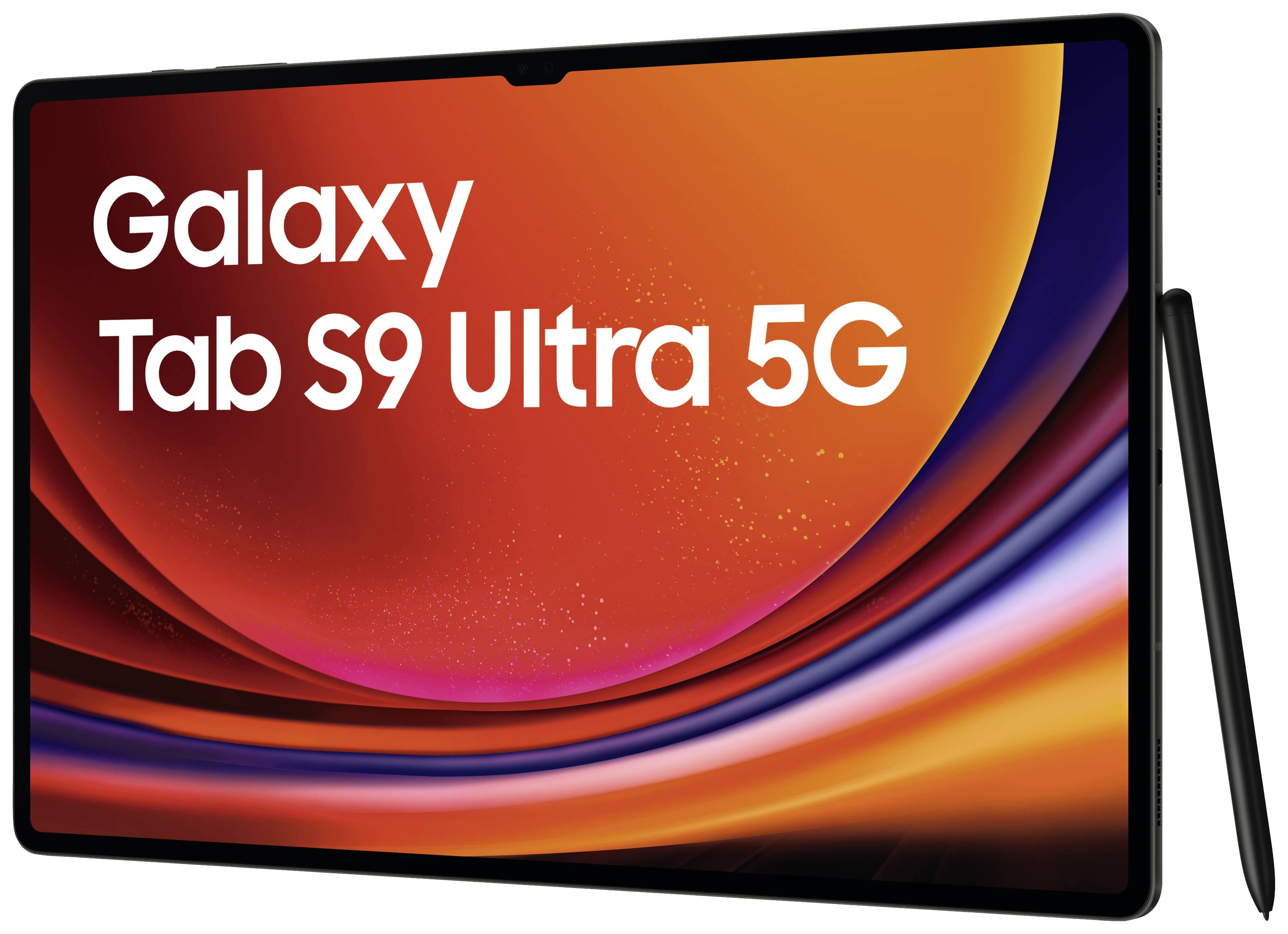 Ein Galaxy Tab S9 Ultra 5G mit leuchtendem Hintergrund in Rot- und Violetttönen ist auf dem Bildschirm zu sehen.