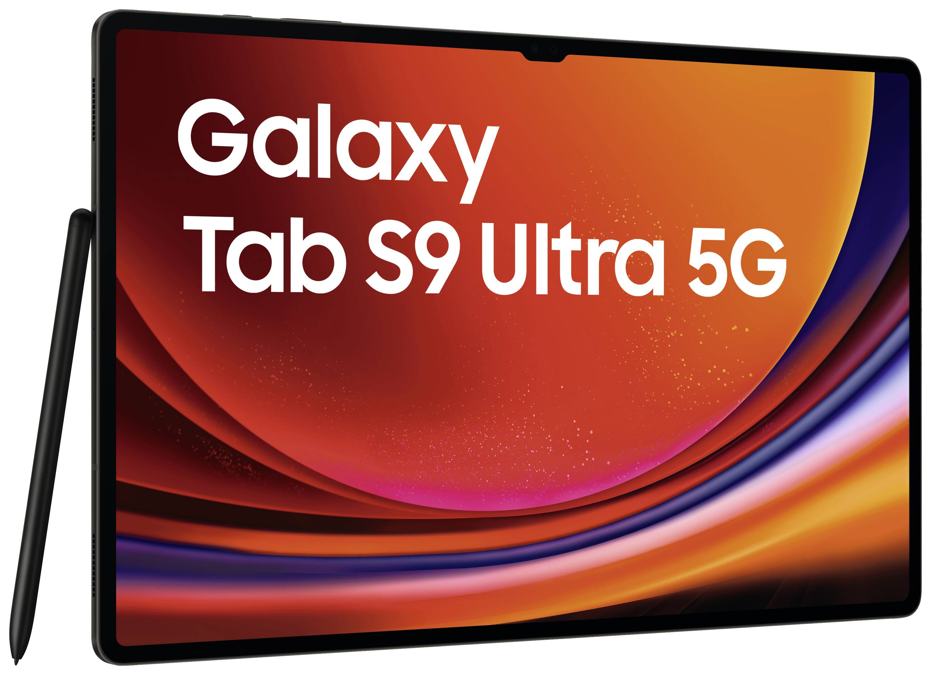 Ein schwarzes Galaxy Tab S9 Ultra 5G mit einem roten, wellenförmigen Hintergrund und einem schwarzen Stylus an der Seite.