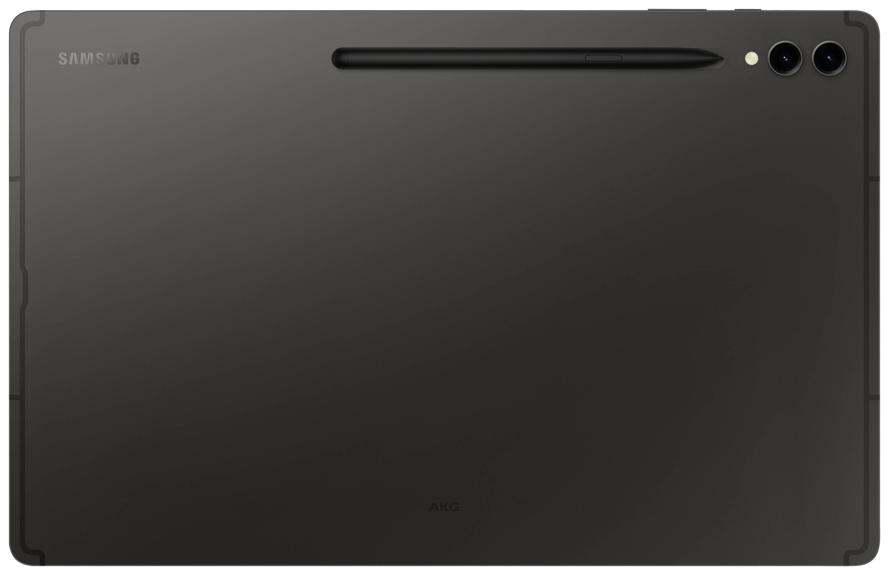 Tablet-Rückseite mit Kamera und Stylus im Schlitz. Oberes und unteres Geräteteil sind durch schmale Linien strukturiert.