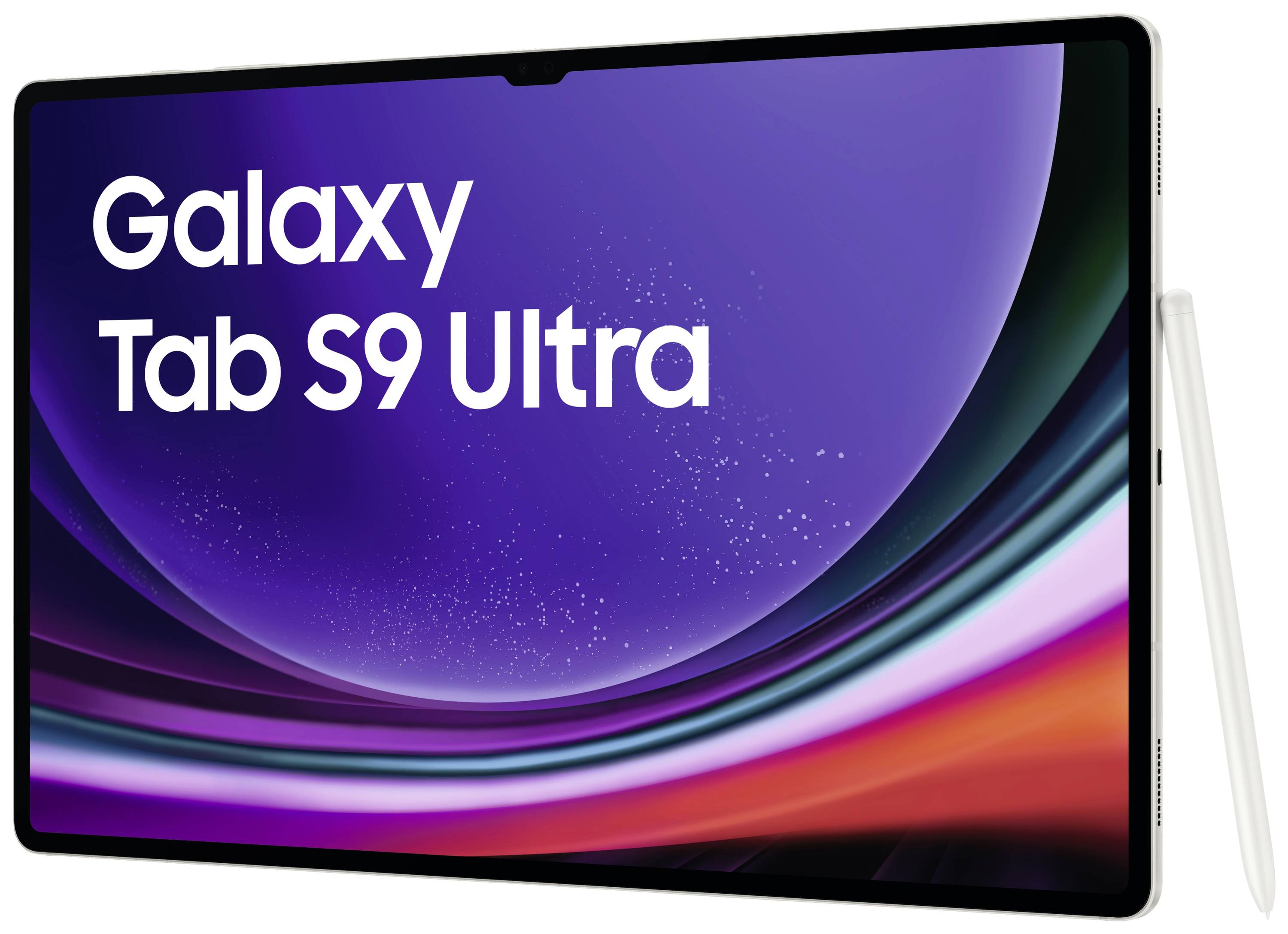 Tablet mit großem Bildschirm, seitlich positionierter weißer Stylus. Auf dem Bildschirm steht 'Galaxy Tab S9 Ultra'.