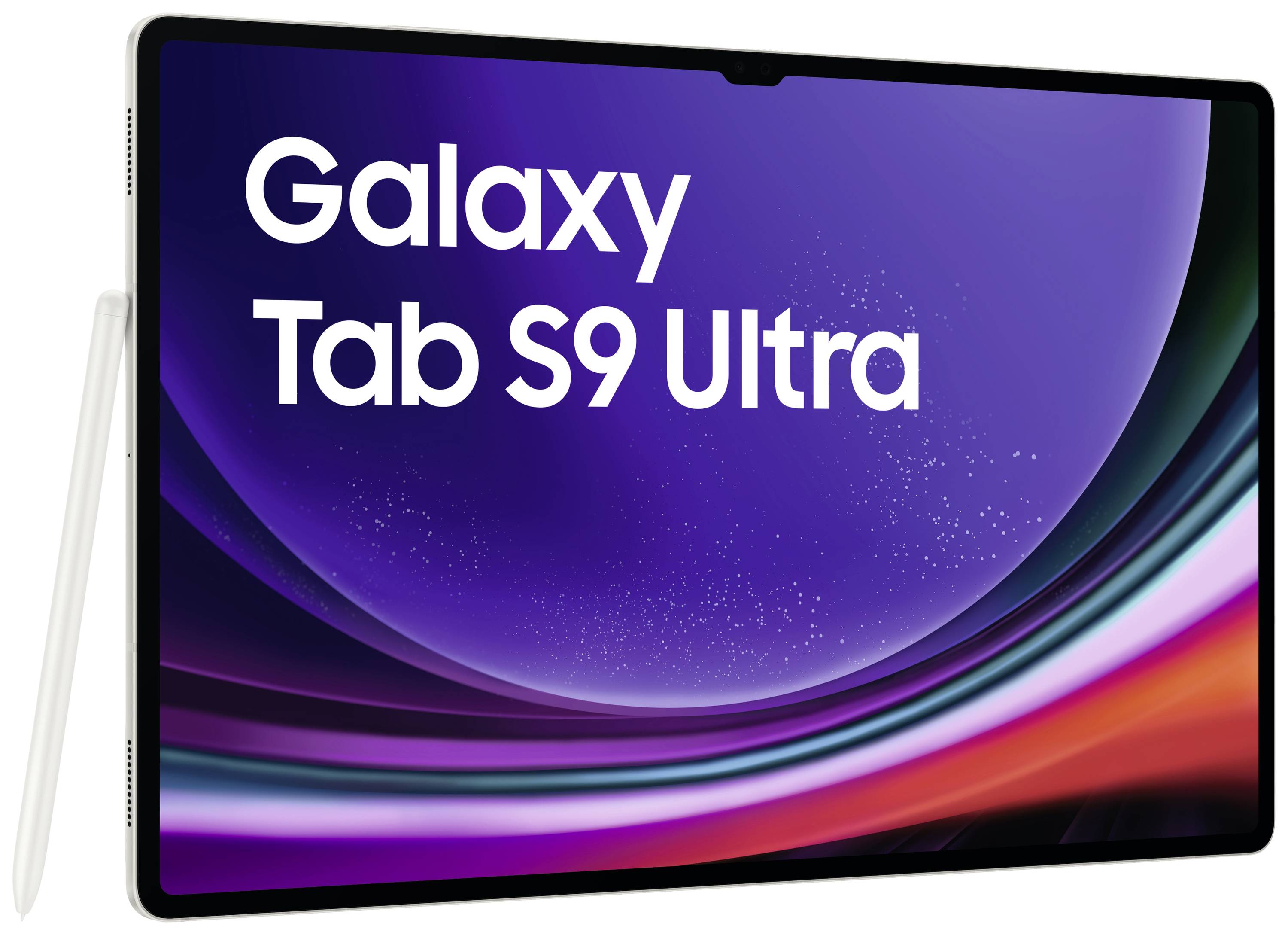 Ein schwarzes Tablet mit großem Bildschirm zeigt den Text 'Galaxy Tab S9 Ultra'. Ein weißer Stift ist an der Seite befestigt.