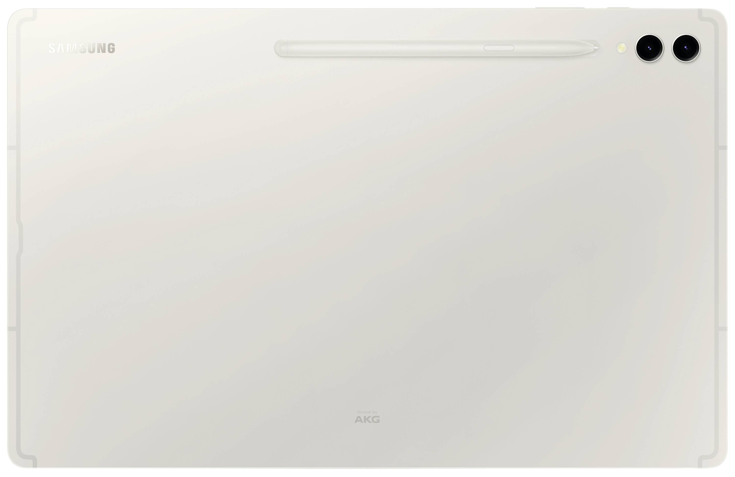 Rückseite eines Samsung-Tablets, hellgrau, mit zwei Kameralinsen und einem Stylus über den Linsen. Markenlogo in der oberen linken Ecke.