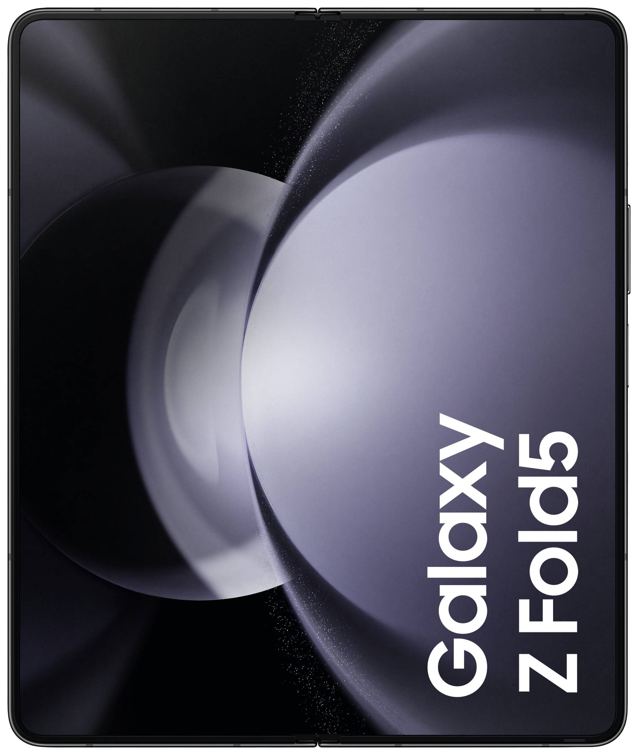 'Galaxy Z Fold5' Handy in halbgeöffnetem Zustand. Dunkles, stilisiertes Hintergrundbild mit dem Modellnamen rechts unten.