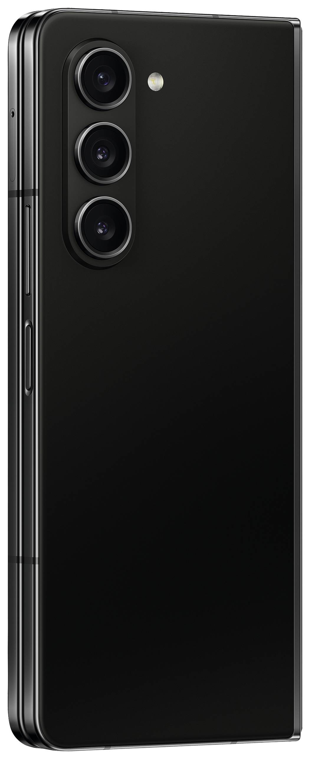 Schwarzes Smartphone mit drei vertikalen Kameralinsen auf der Rückseite.