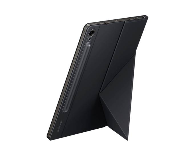 Ein schwarzes Tablet mit Hülle steht aufrecht auf einem Tisch. Die Hülle ist gefaltet und stützt das Tablet.