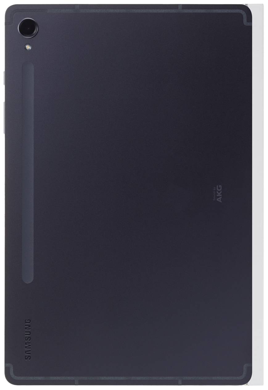 Die Rückseite eines dunklen Tablets mit Kamera und AKG-Logo zeigt ein schlankes und minimalistisches Design.