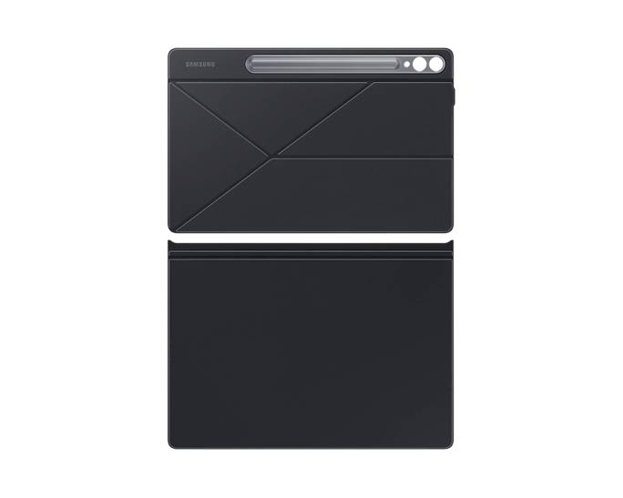 Ein schwarzes Samsung-Tablet mit integriertem Stift, gezeigt mit passender Hülle.