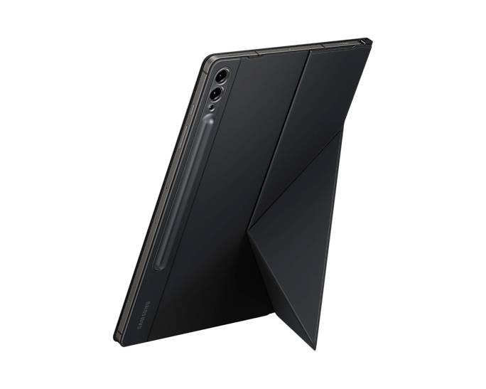 Ein schwarzes Tablet mit rückseitig angebrachtem Stift und zusammengeklapptem Origami-Ständer, das auf einer flachen Oberfläche steht.