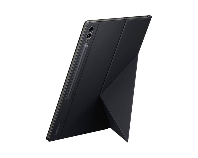 Ein schwarzes Tablet steht schräg, gestützt durch eine klappbare Rückseite. Die Kamera zeigt nach links.