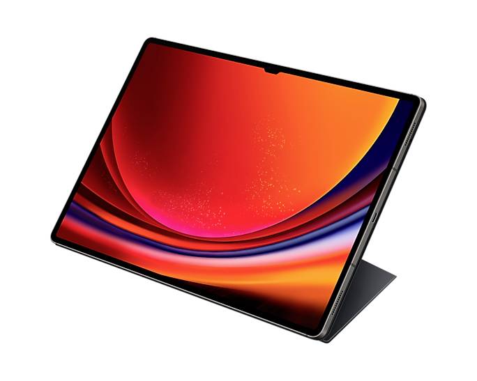 Ein Tablet mit einem großen, lebendigen Bildschirm, zeigt ein abstraktes, rotes und orangefarbenes Design, in seitlicher Ansicht.