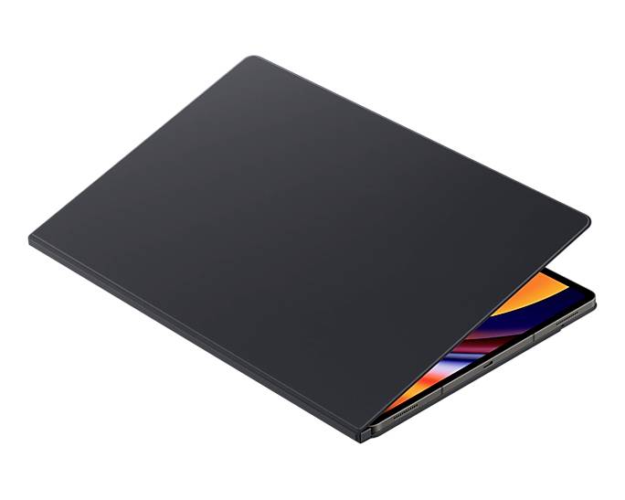 Ein teilweise geschlossener Laptop mit schwarzem Gehäuse zeigt einen leuchtend orange und blau beleuchteten Bildschirmrand.