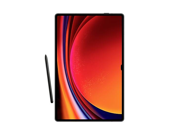 Tablet mit schwarzem Stylus. Auf dem Bildschirm leuchtendes, abstraktes, rot-oranges Design, das spiralförmig aus der Mitte kommt.