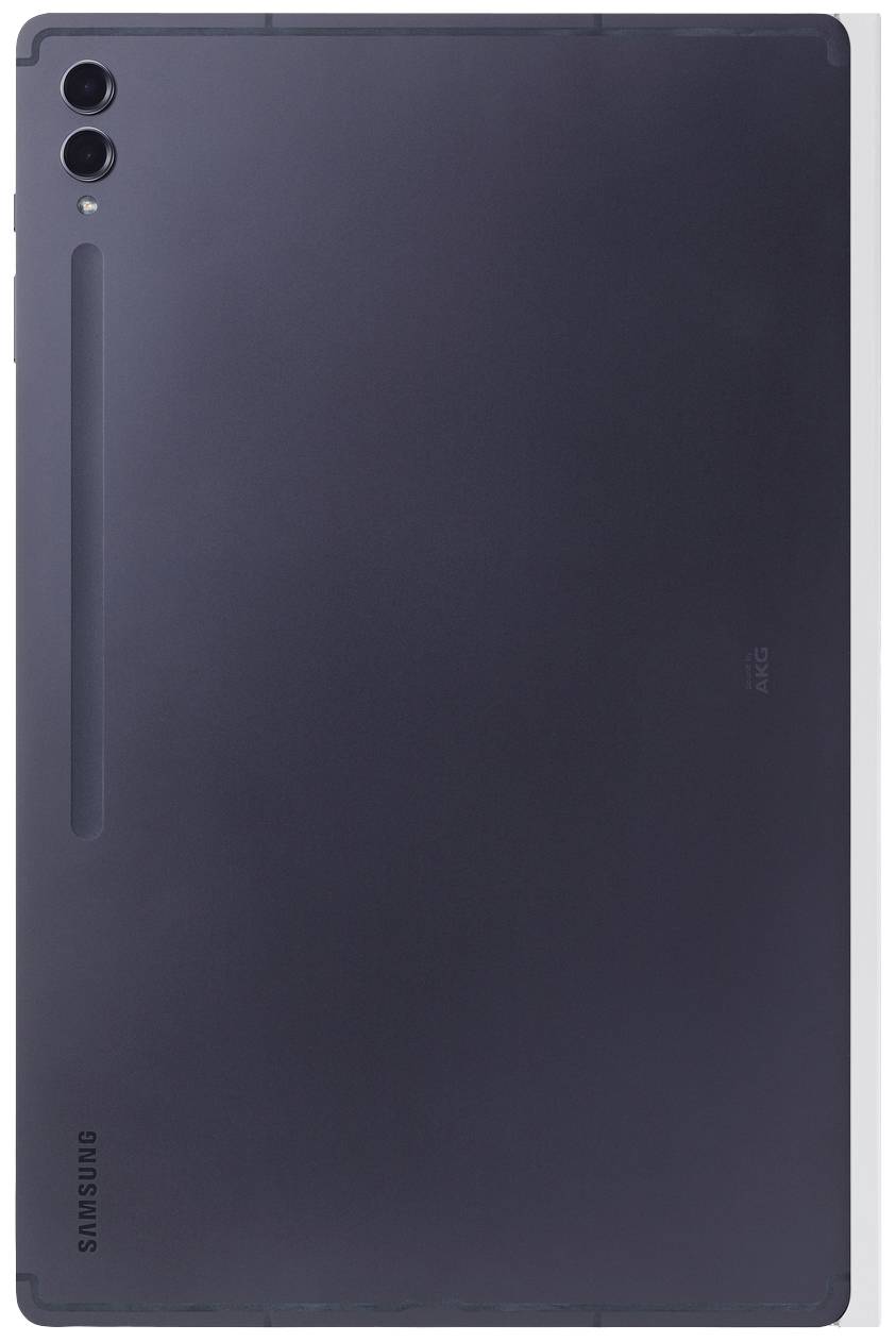 Ein schwarzes Tablet in vertikaler Position mit zwei Kameras auf der Rückseite und einem schmalen vertikalen Streifen links.