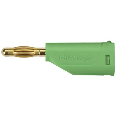 Bananenstecker mit grünem Kunststoffgehäuse und goldener Metallspitze, markiert mit 'SCHÜTZINGER'. Elektrische Verbindungskomponente.