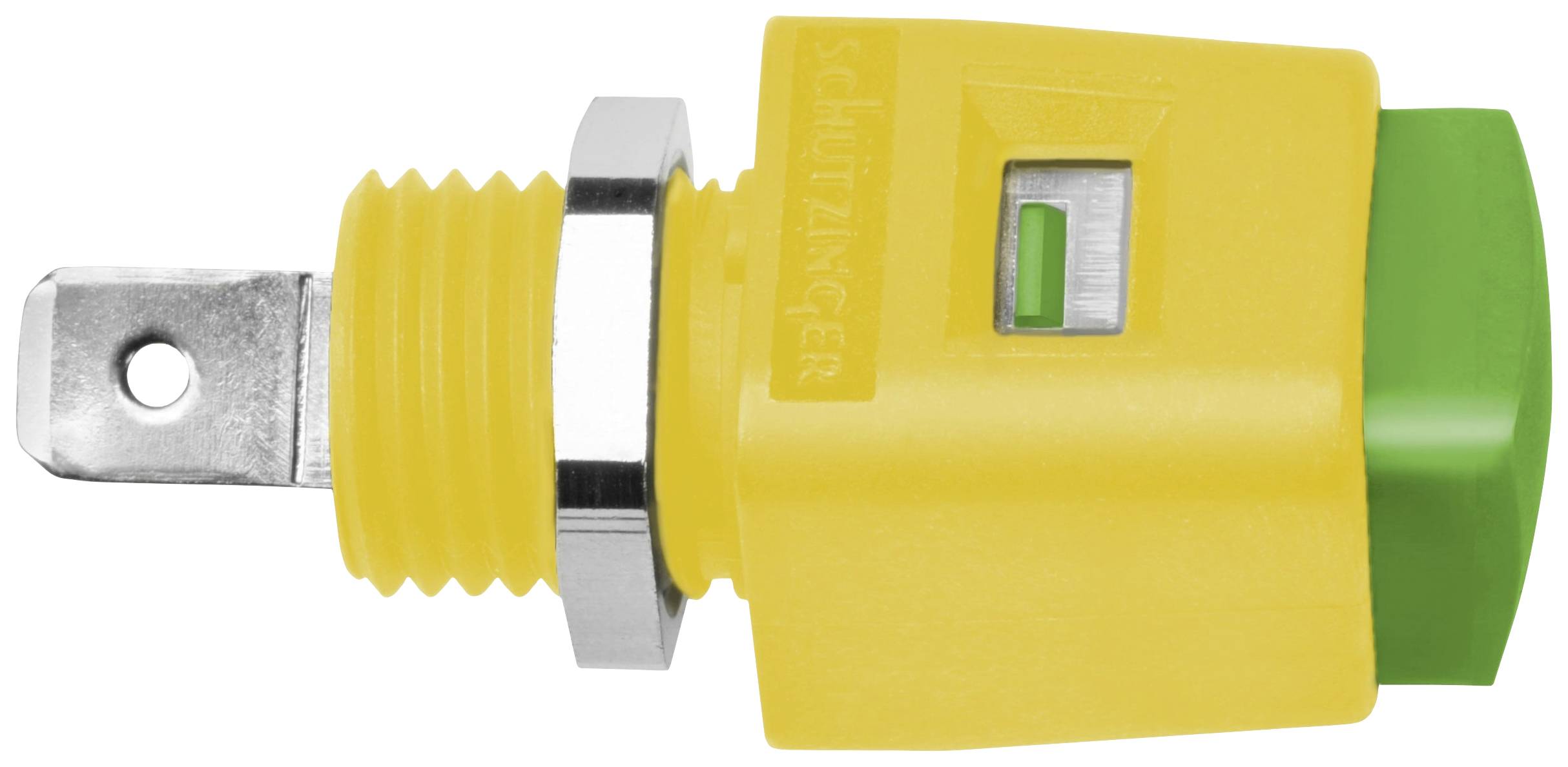 Ein gelber Schutzleiteradapter mit Metallkontakt und grünem Knopf, markiert für eine sichere Erdung in elektrischen Installationen.