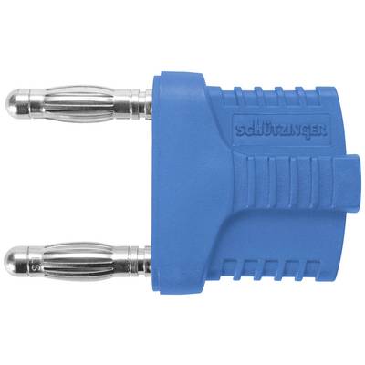 Ein blauer elektrischer Steckeradapter mit zwei Metallstiften. Der Adapter ist zur Verwendung in elektrischen Steckdosen vorgesehen.