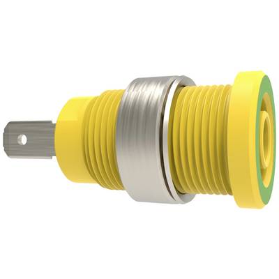 Gelb-schwarzer Stromstecker mit rundem Metallzylinder in der Mitte und rechteckigem Steckkopf.