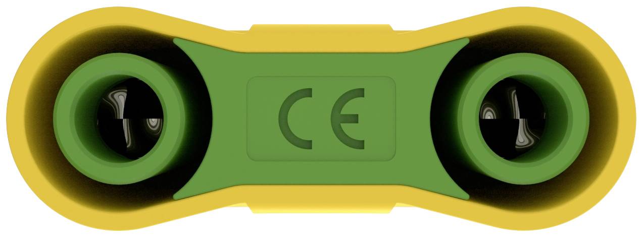 Ein gelbes und grünes elektrisches Bauteil mit einer 'CE'-Kennzeichnung in der Mitte, vermutlich ein Stecker oder Adapter.