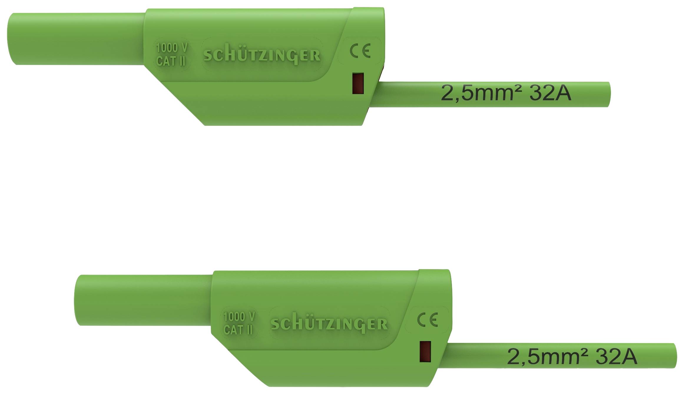 Zwei grüne elektrische Steckverbinder. Oben trägt die Aufschrift '2,5mm² 32A'. Unten identisch, Aufschrift auch '2,5mm² 32A'.