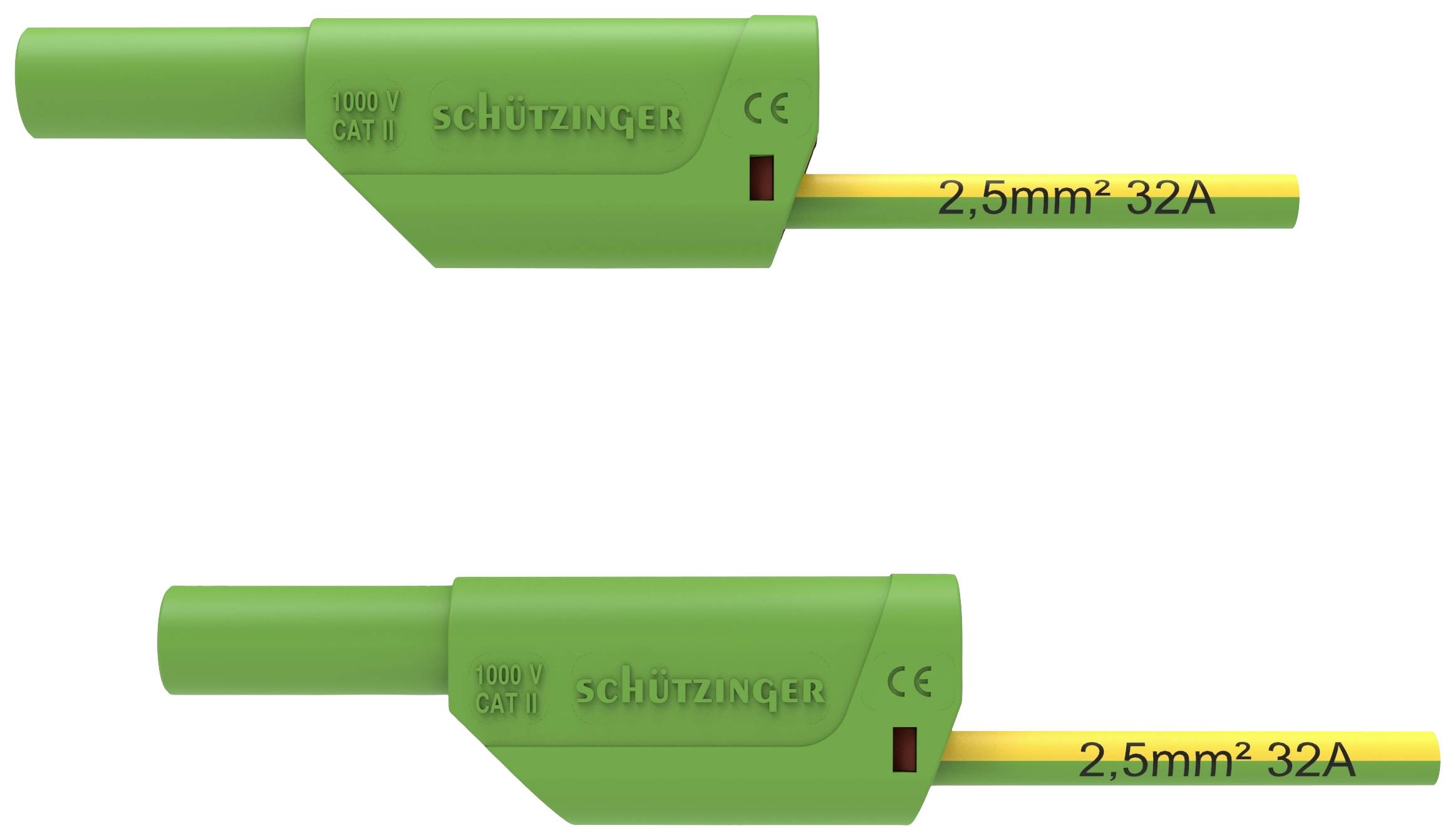 Zwei grüne Kabelköpfe mit gelben Kabeln, beschriftet mit '2,5 mm² 32A'. Oberer Kopf zeigt seitlich, unterer nach unten.