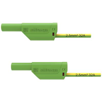 Zwei grüne Kabelköpfe mit gelben Kabeln, beschriftet mit '2,5 mm² 32A'. Oberer Kopf zeigt seitlich, unterer nach unten.