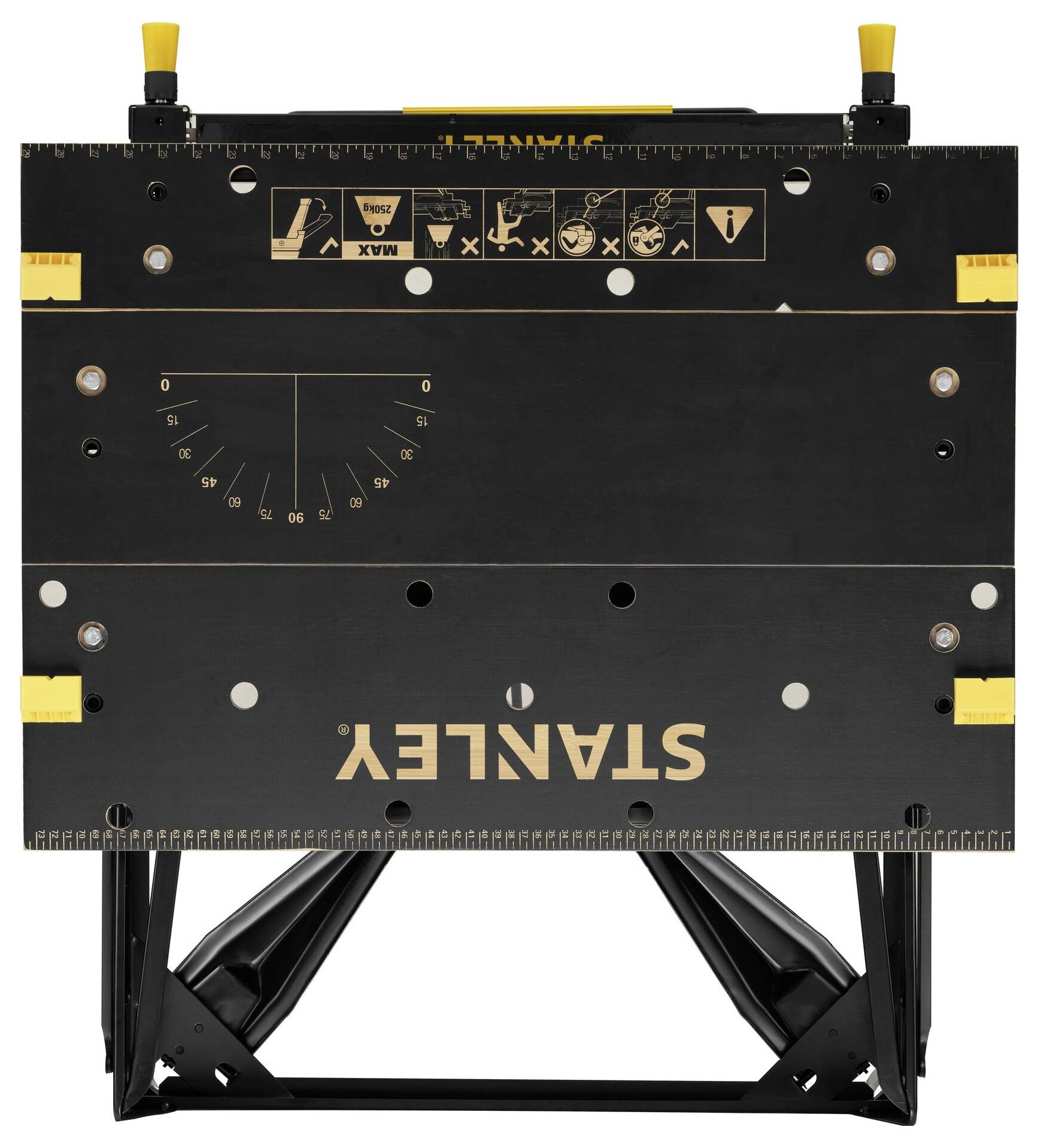 'Arbeitstisch von Stanley', zusammenklappbar, schwarz mit gelben Akzenten, verschiedene Markierungen und Symbole oben sichtbar.