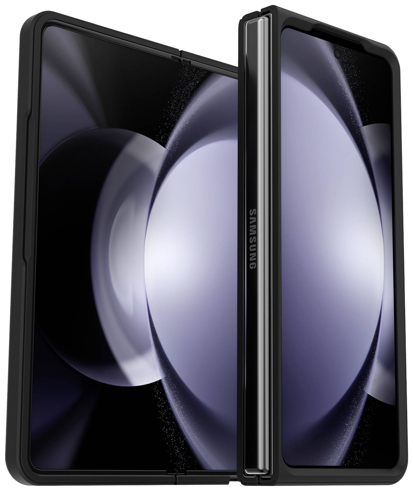 Ein faltbares Smartphone, halb geöffnet, zeigt den Bildschirm und das Scharnier. Auf dem Display sind kreisförmige Muster zu sehen.