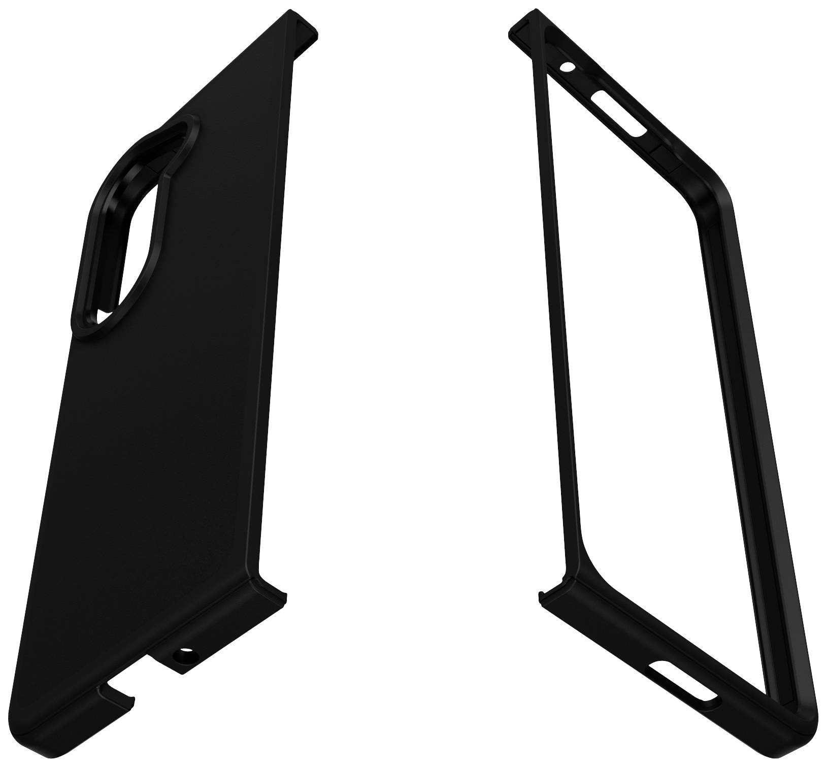 Zweiteiliges, schwarzes Handycover aus Kunststoff, bestehend aus Rückseite und Rahmen, für umfassenden Schutz und stilvolles Design.