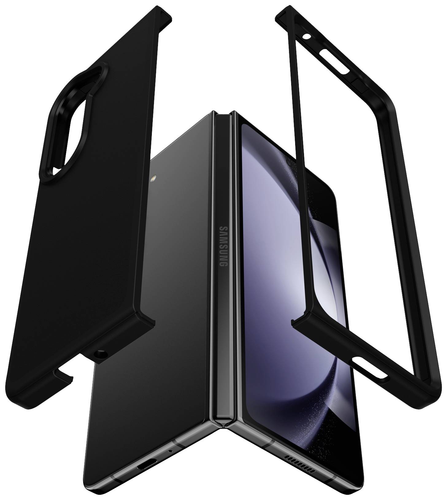 Ein aufgeklapptes schwarzes Smartphone mit einem faltbaren Display, umgeben von einer schützenden Hülle.