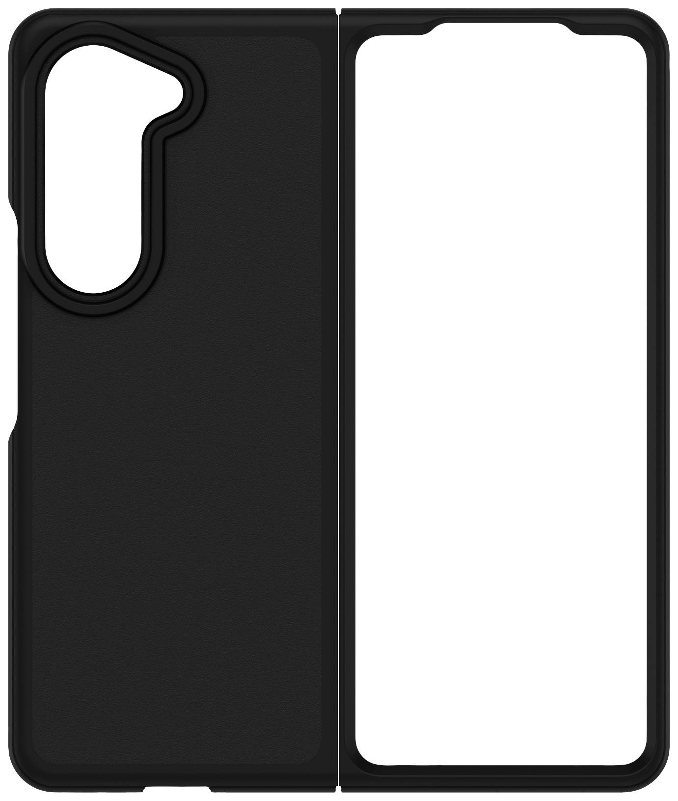 'Schwarzes, offenes Handyhülle für faltbares Smartphone. Die linke Seite hat eine Kameraaussparung. Hülle ist schlicht und funktional.'
