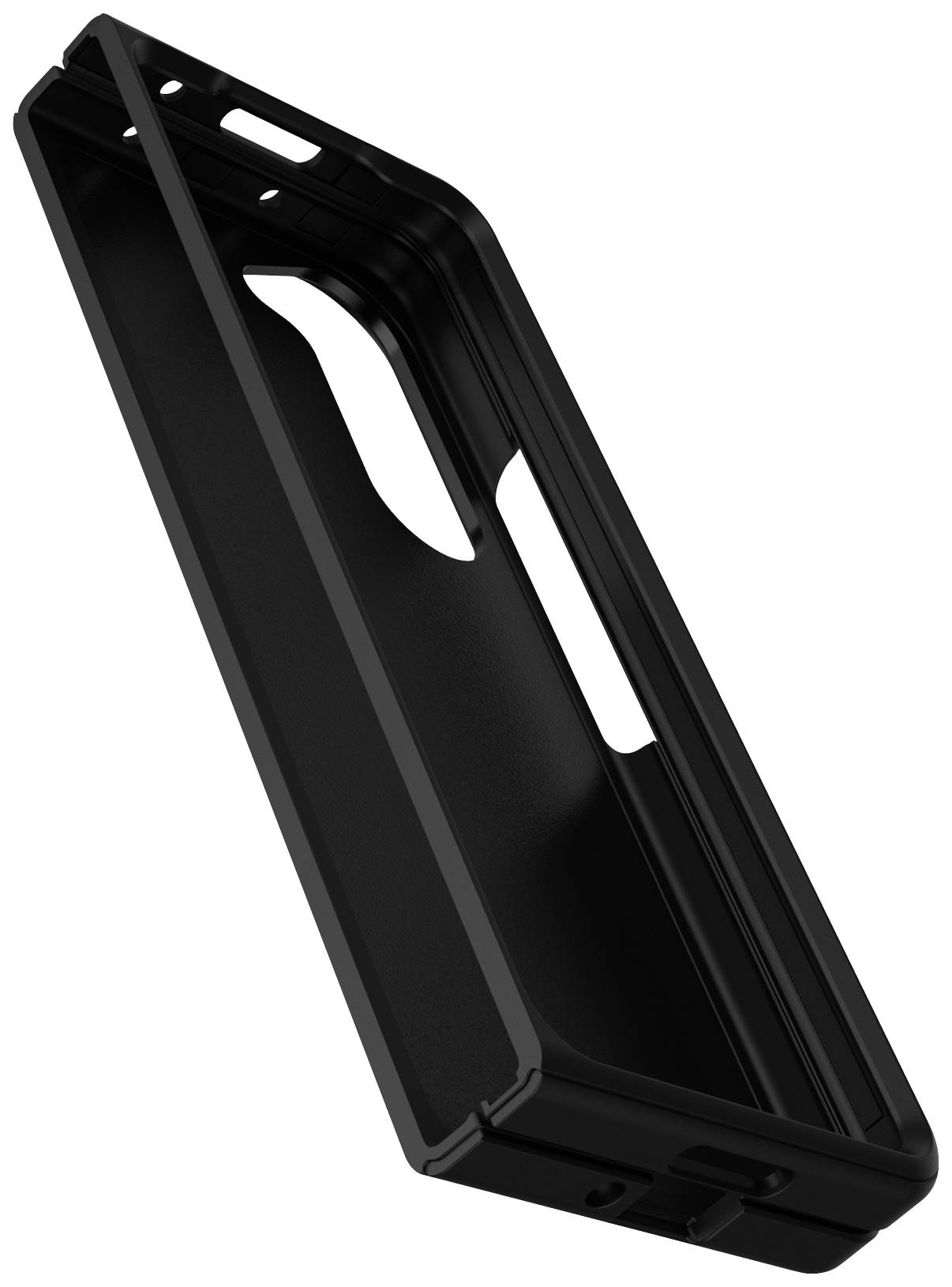 Schwarze Smartphone-Schutzhülle mit schlankem Design, offene Seitenansicht, die glatte Innenstruktur zeigt.