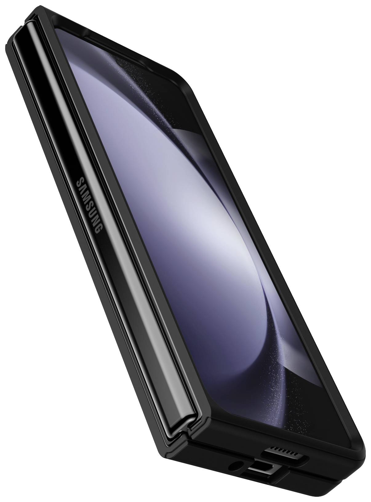Ein schwarzes, zusammengeklapptes Klapp-Smartphone von der Seite, mit sichtbar glänzendem Frontbildschirm und USB-Anschluss unten.