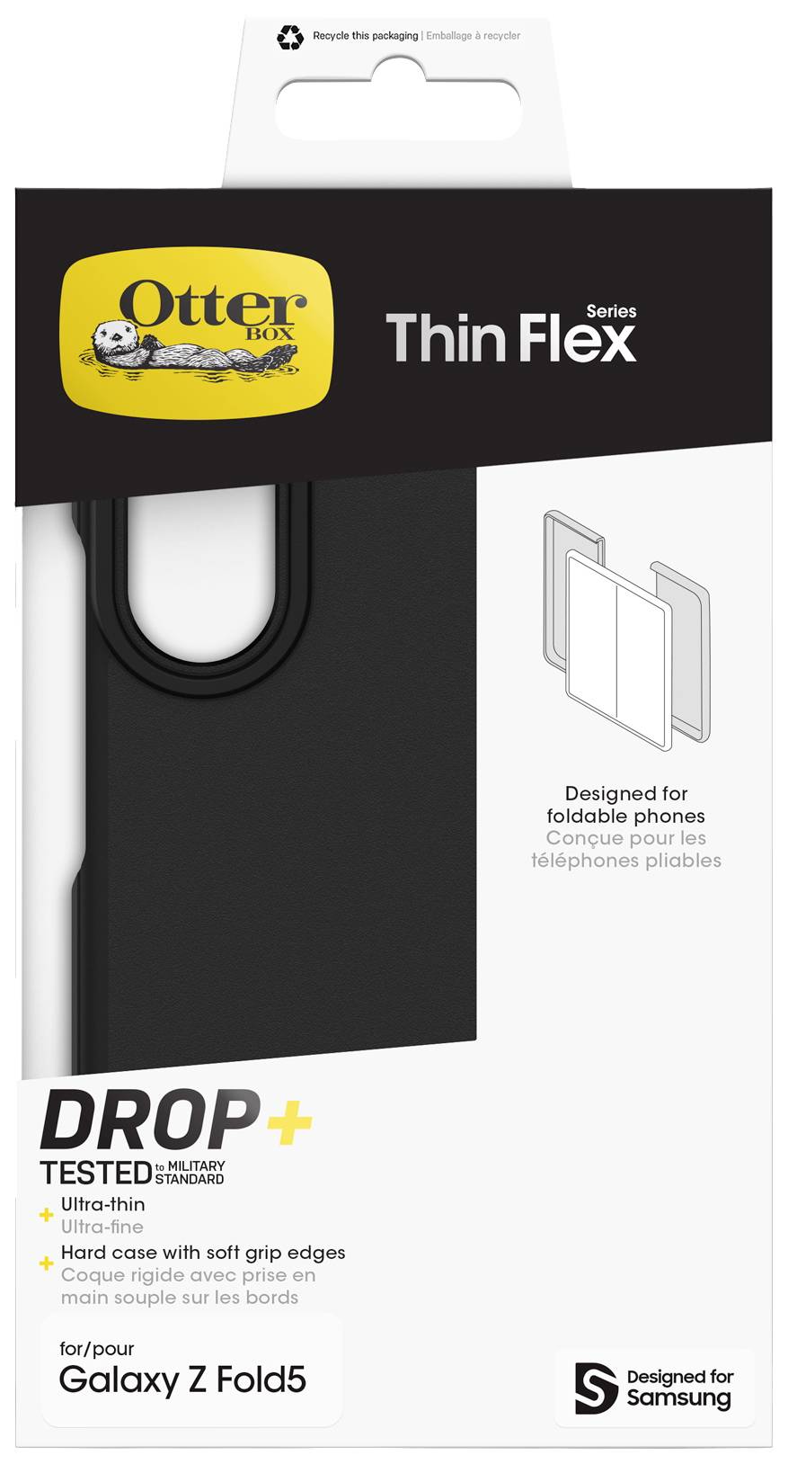 'Schwarze OtterBox Thin Flex Hülle für Galaxy Z Fold5 mit Schutzkanten, speziell für faltbare Smartphones entworfen.'