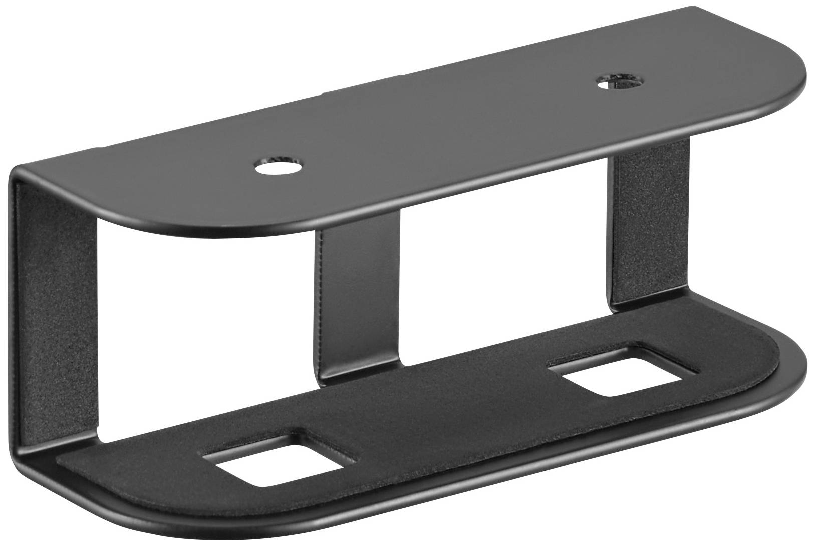 Metallhalterung mit zwei Befestigungslöchern oben und rechteckigen Aussparungen unten. Geeignet für die Montage an Wänden.