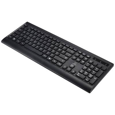 Schwarze Computertastatur mit flachen Tasten, abnehmbarem Nummernblock rechts und Multimedia-Funktionstasten oben.