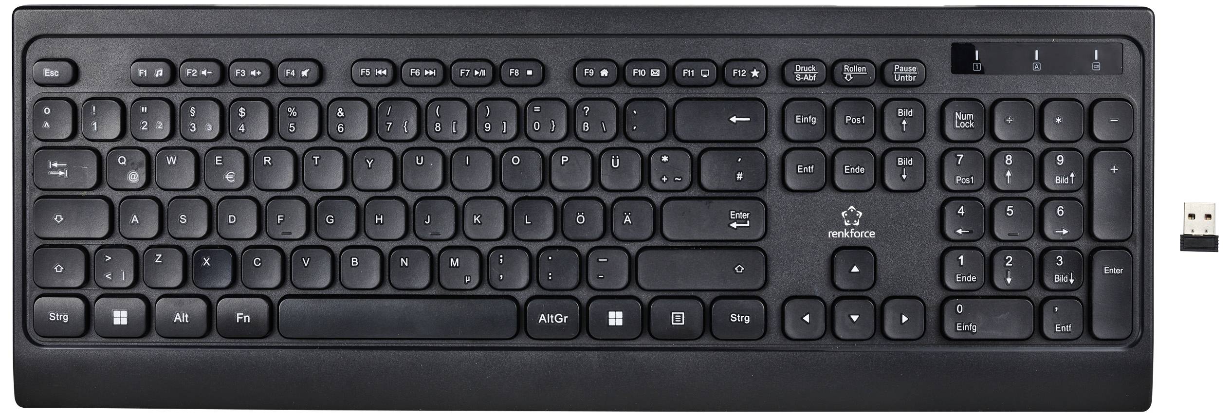 Schwarze drahtlose Tastatur in voller Größe mit Ziffernblock. Ein USB-Empfänger liegt daneben. Ideal für Büroanwendungen.
