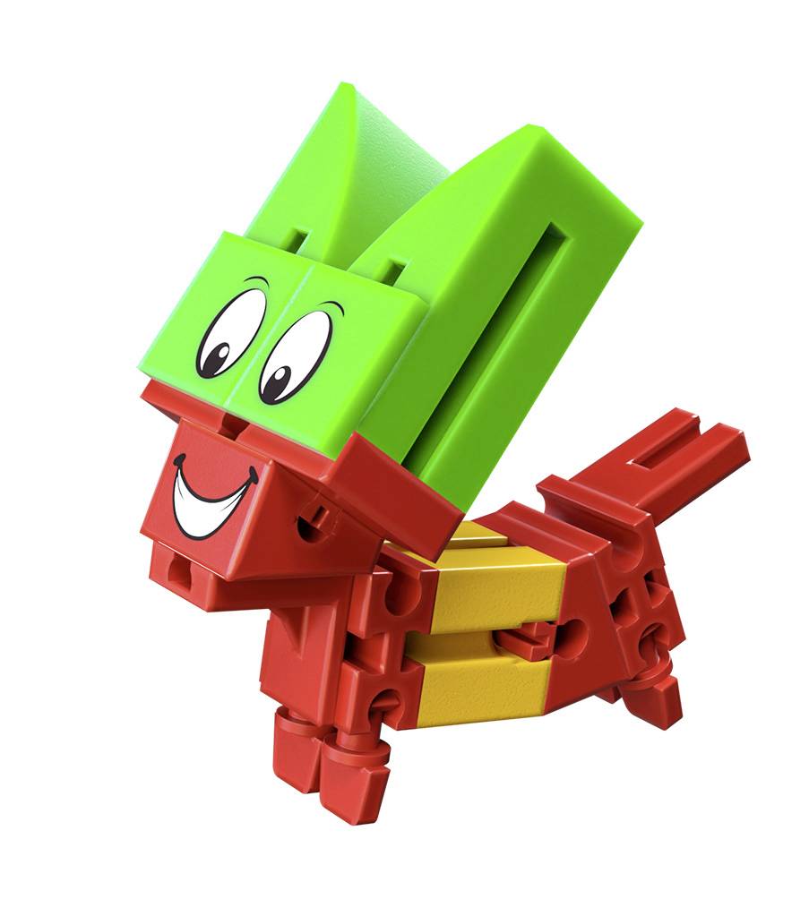 Bunte Bauklötzchen, die zu einer fröhlichen, cartoonartigen Figur geformt sind, möglicherweise ein Tier, mit einem lächelnden Gesicht.