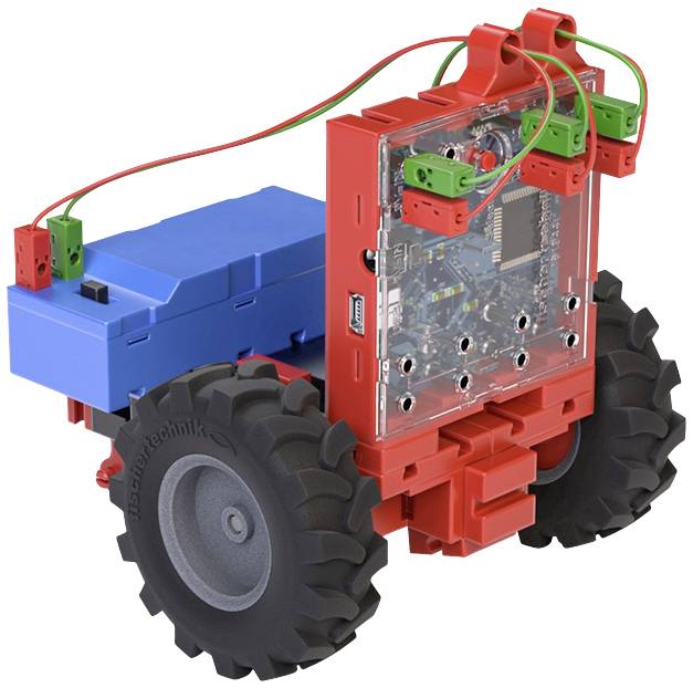 Ein Spielzeugfahrzeug mit großen Rädern und sichtbarer Elektronik zeigt, wie Schaltkreise in Modellen verwendet werden.