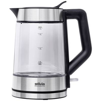Ein transparenter Wasserkocher mit schwarzem Griff und Edelstahl-Elementen zeigt aufgedruckte Messlinien von 0,5 bis 1,7 Litern.
