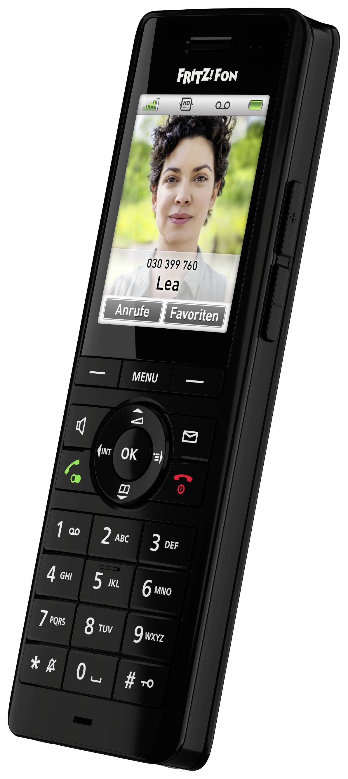 Schnurloses Telefon mit großem Display. Hauptbildschirm zeigt ein Kontaktfoto mit Name 'Lea' und Telefonnummer, Option zum Anrufen.