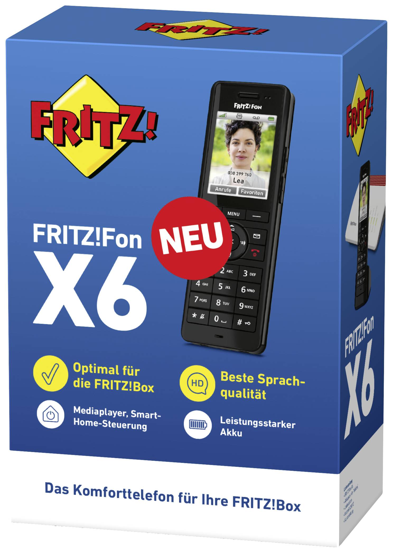 Fritz!Fon X6 Packung mit Bild eines schnurlosen Telefons und 'NEU'-Schild. Hervorgehobene Merkmale: optimale Nutzung mit FRITZ!Box, beste Sprachqualität, Mediaplayer und Smart-Home-Steuerung.