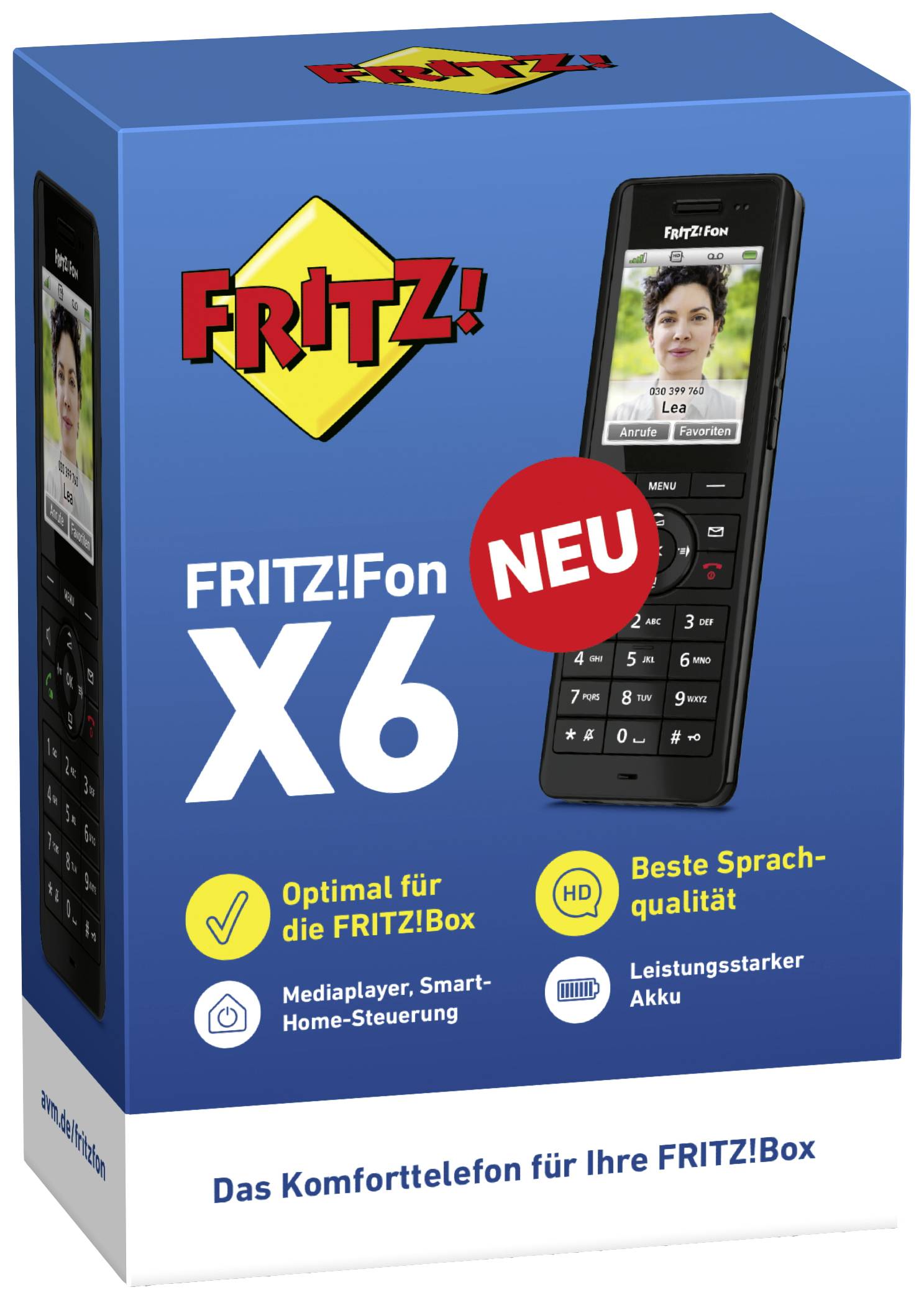 Eine Produktverpackung zeigt das schnurlose Telefon 'FRITZ!Fon X6' mit Fokus auf Features wie Mediaplayer, Smart-Home-Steuerung und leistungsstarkem Akku.